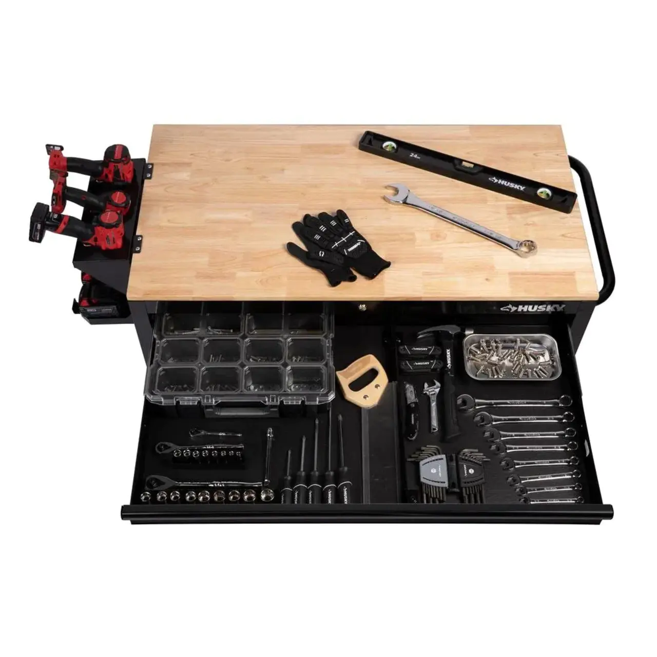 46 in. W x 24.5 in. D 9-Drawer Gloss Black Deep Tool Chest Mobile Workbench with Hardwood Top and Power Station