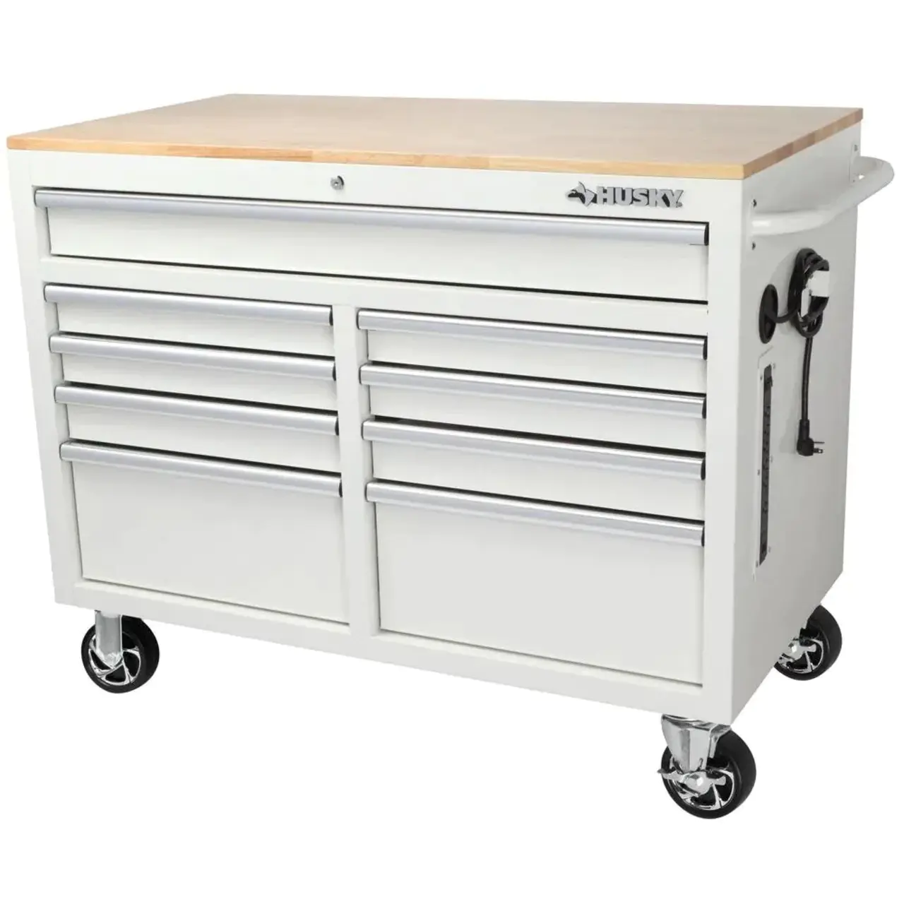 46 in. W x 24.5 in. D 9-Drawer Gloss Black Deep Tool Chest Mobile Workbench with Hardwood Top and Power Station