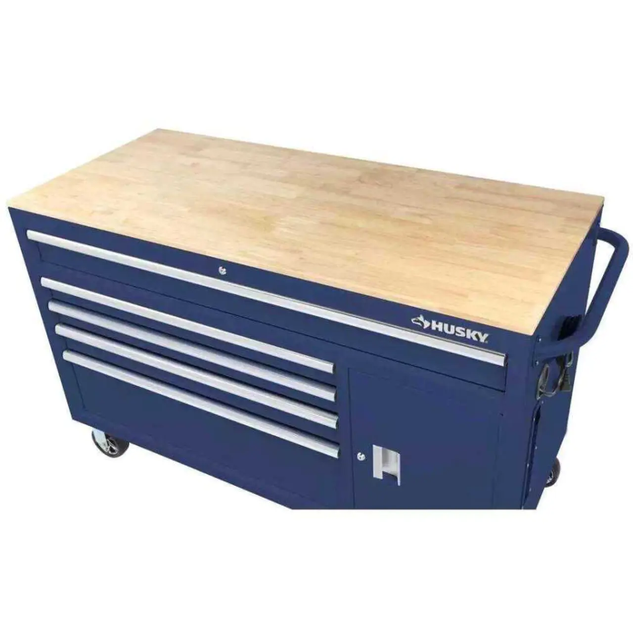 56 inches. W 5 Drawer 1 Door Deep Tool Box Mobile Workbench, Bright Blue, Hardwood Top