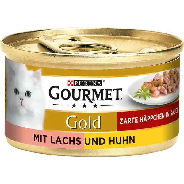 Gold Zarte Häppchen in Sauce mit Lachs & Huhn