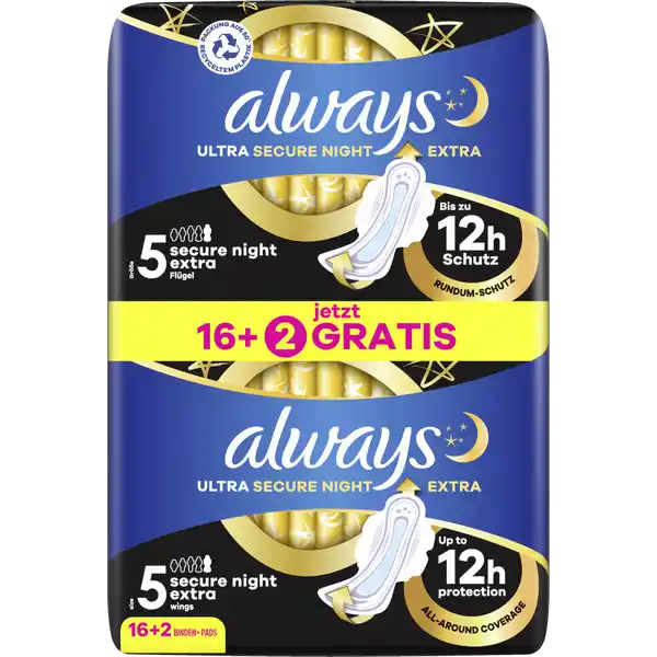 Ultra Secure Night Binden Extra mit Flügeln Big Pack + 2 Gratis