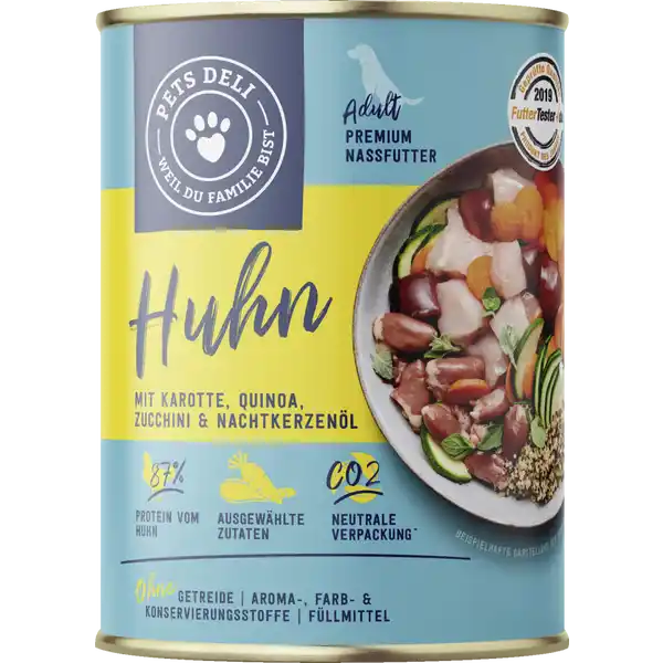 Nassfutter Huhn mit Karotte, Quinoa, Zucchini & Nachtkerzenöl für Hunde