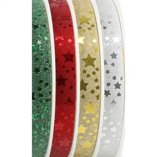 Geschenkband Sterne rot / grün / gold / weiß