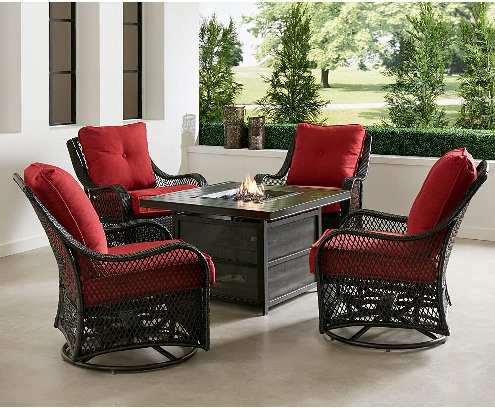 Hanover Orleans 5-Piece Steel Patio Fire Pit Conversation Set with Cushions, Swivel Gliders and Square Fire Pit Table