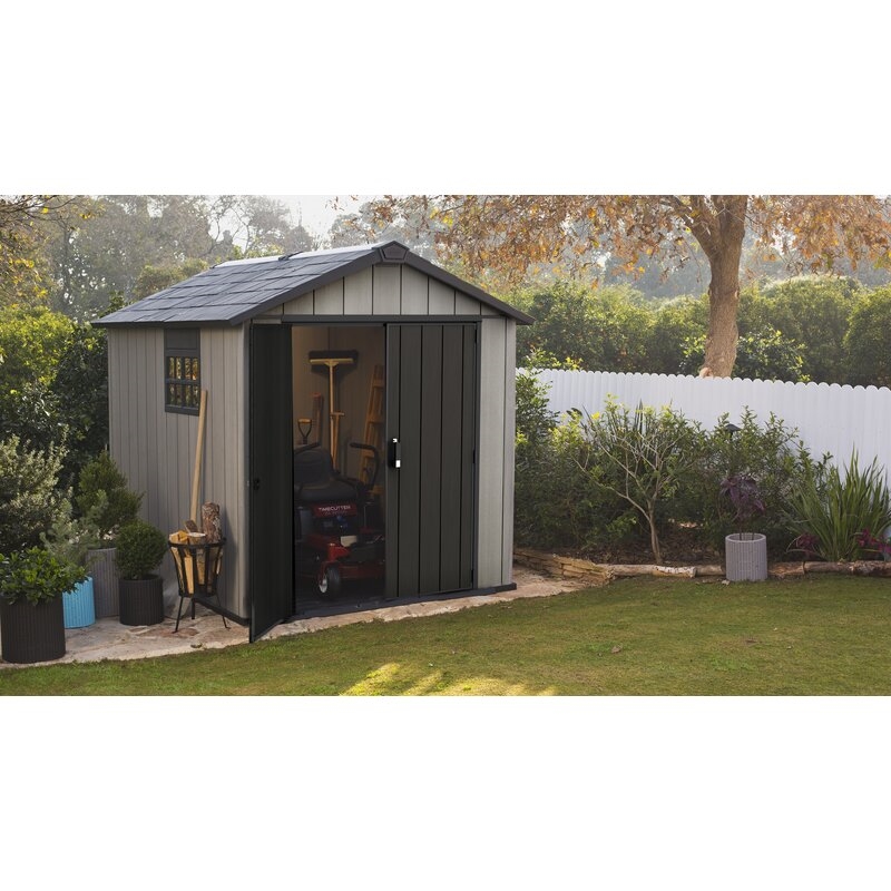 Oakland 7 x 7 FT Rustic Worn Wooden Texture Storage Shed with High Ceiling And Victorian Window