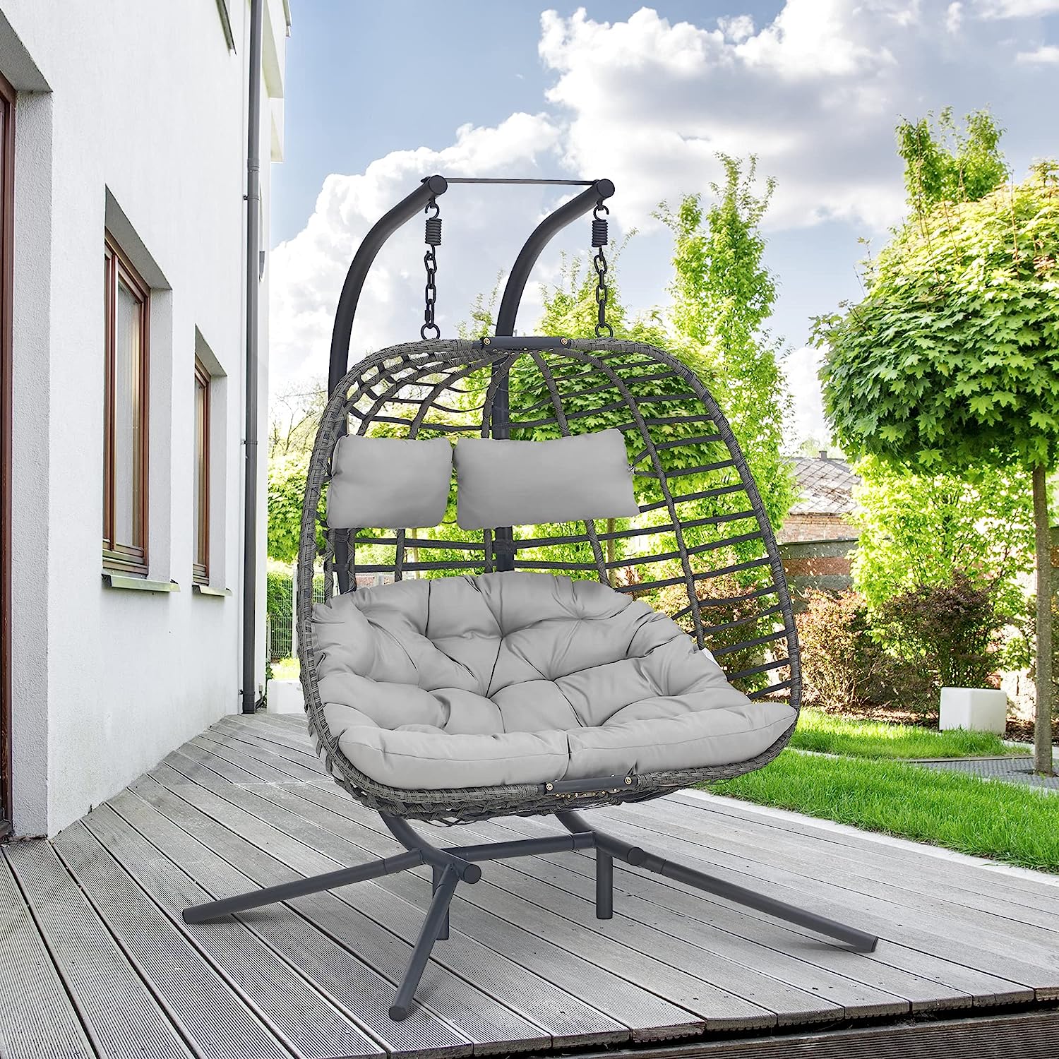 Brafab Double Swing Egg Chair with Stand, Large Hand-Woven Wicker Rattan Hanging Egg Chair for 2 People, Porch Swing Loveseat with Thick Cushion and Sturdy Steel Stand for Indoor Outdoor, Light Grey