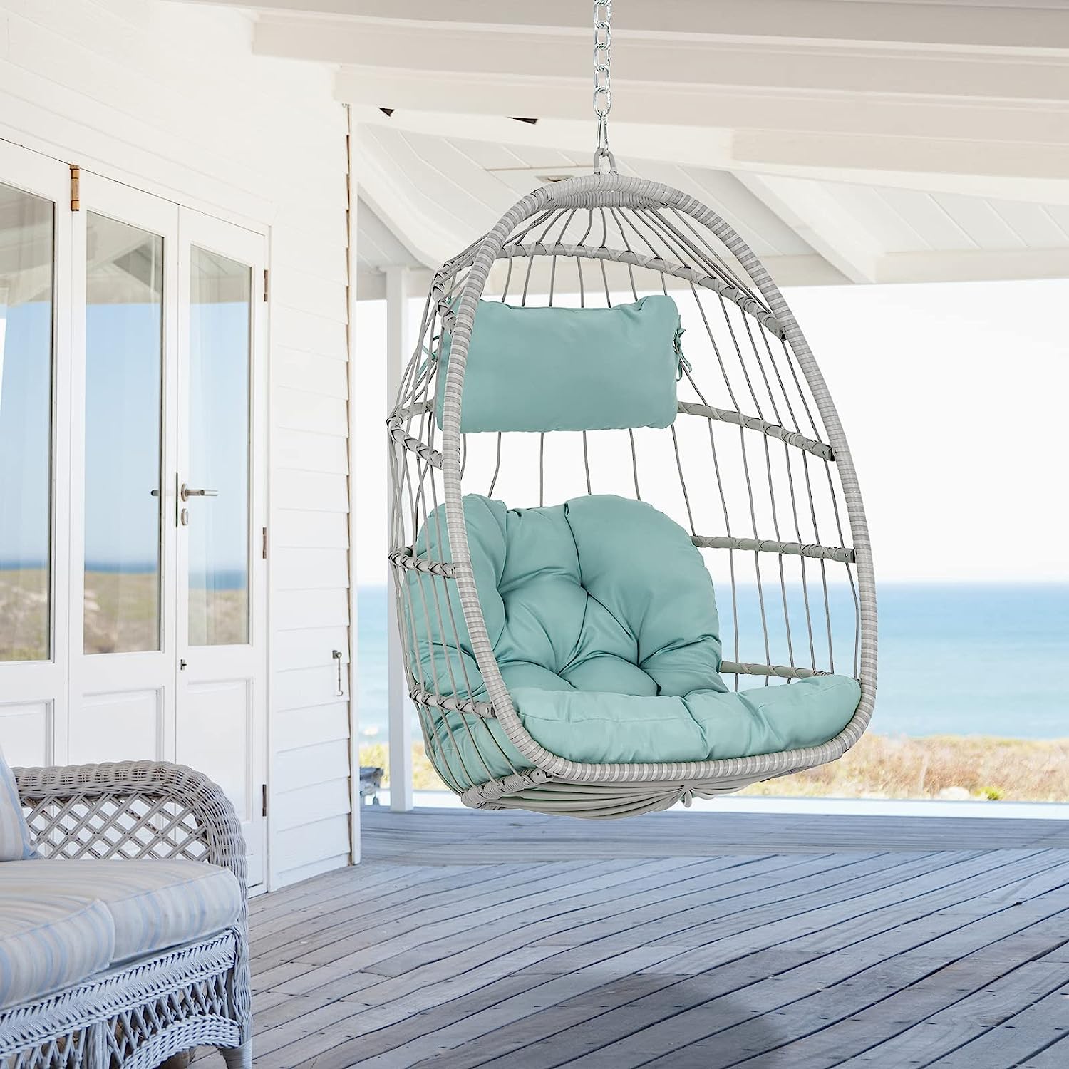 Hanging Egg Chair Without Stand - Foldable Indoor Outdoor Wicker Rattan Swing Egg Chair with Hanging Chain Hammock Chair - UV Resistant Cushions & Aluminum Frame for Bedroom Patio Camping (Grey)