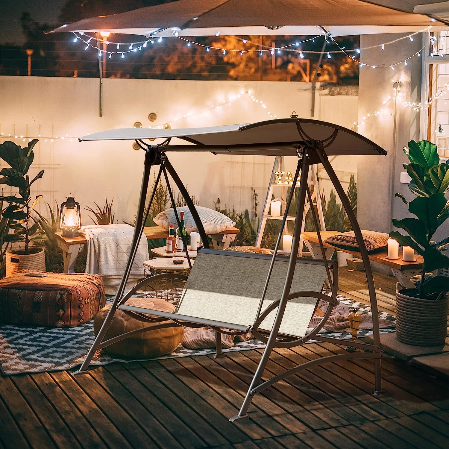 Patio Porch Swing 2 Person Adjustable Canopy Deluxe Hammock Swing Glider with Solar LED Light and 2 Sunbrella Cushions for Outdoor Garden, Balcony, Backyard by Domi outdoor living
