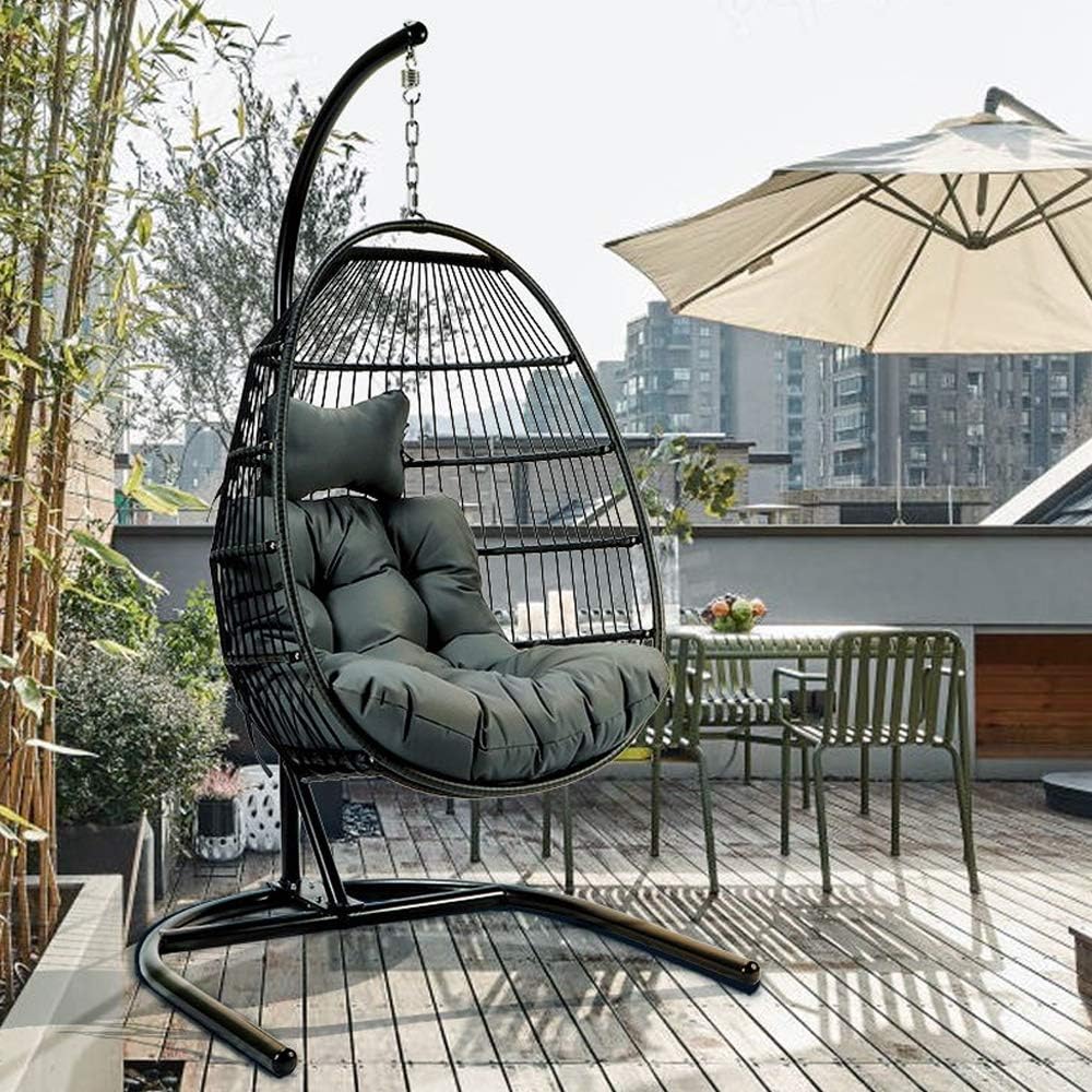 Foldable Swing Chair with Stand, Rattan Wicker Hanging Egg Chair Hammock Chair with Cushion and Pillow for Indoor Outdoor Bedroom Patio Garden (Dark Grey)