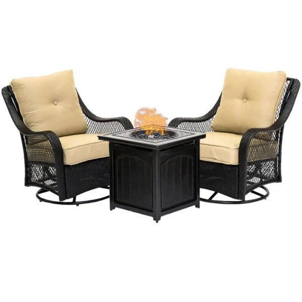 3-Piece Steel Patio Fire pit Conversation Set with Sahara Sand Cushions and 26 in. Square Fire pit Side Table