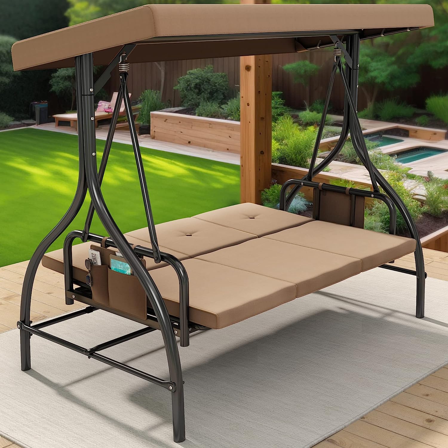 YITAHOME Porch Swing Bed 3-Seats Outdoor Patio Swing Heavy Duty Swing Chair with Adjustable Canopy Removable Cushion, Suitable for Adult in Garden, Poolside, Balcony, Brown