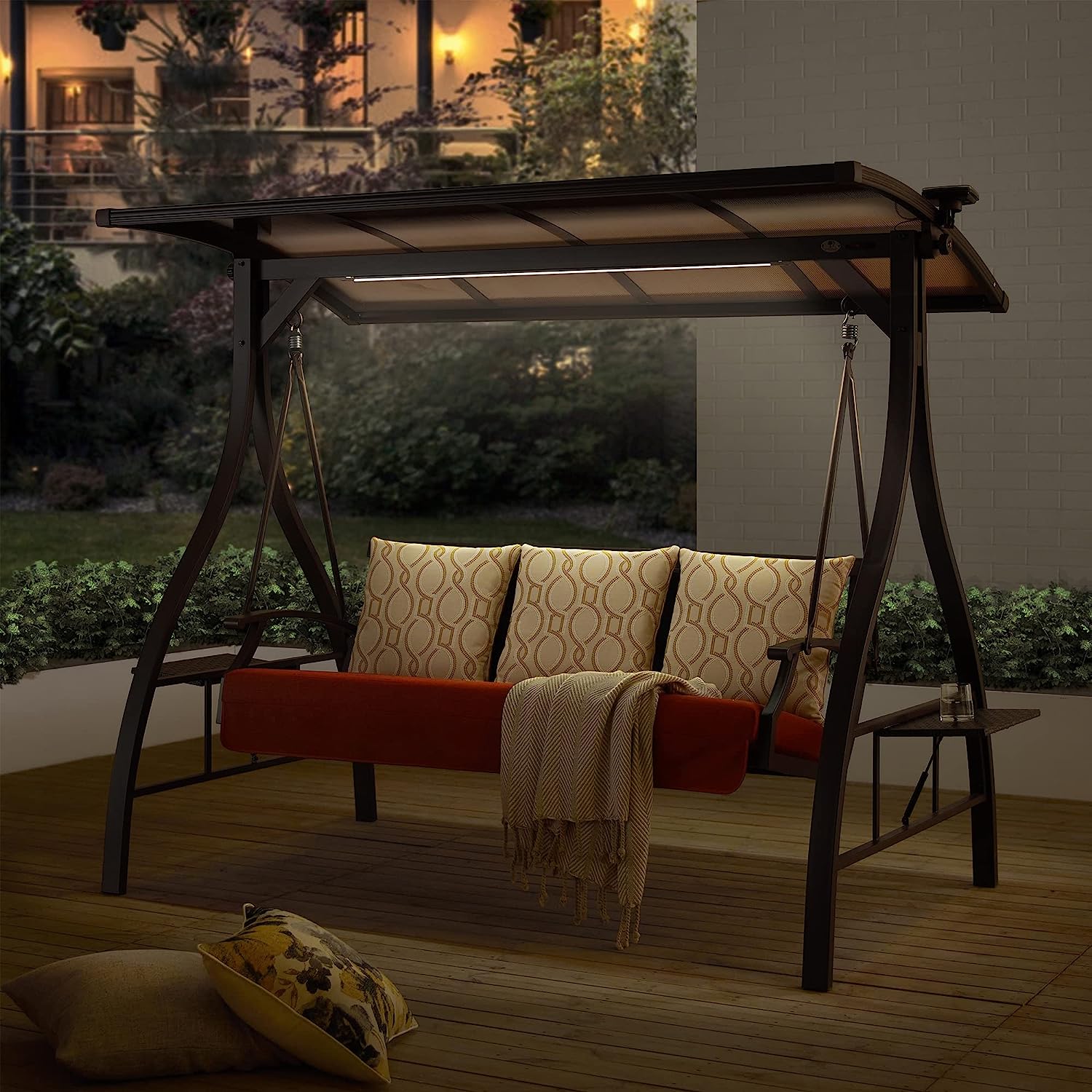 Ulax Furniture 3-Seat Outdoor Patio Swing Chair, Porch Swing Glider Chair with Convertible Canopy, Solar LED Light and Sunbrella Pillows for Poolside, Garden, Balcony, Backyard