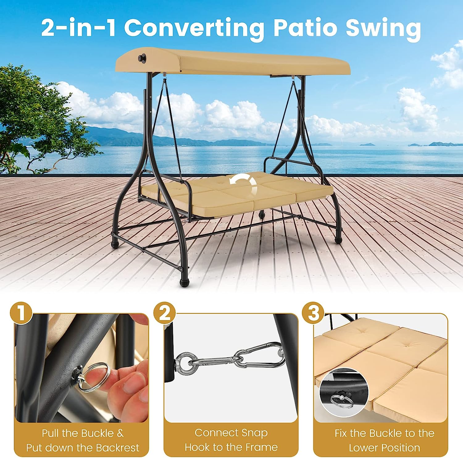 Tangkula 3 Person Porch Swing, 2-in-1 Convertible Patio Swing Bed with Removable Cushions, Solid Steel Structure, Outdoor Swing with Adjustable Canopy for Backyard, Balcony, Poolside (Turquoise)