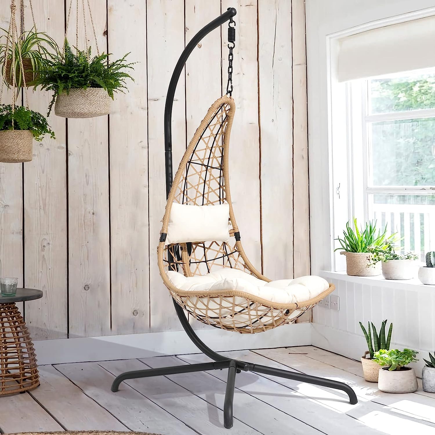 SUNSITT Swing Egg Chair Outdoor Indoor Wicker Hammock Hanging Chair Patio Lounge Chair with Stand and Cushions for Balcony, Deck, Bedroom, Grey Wicker