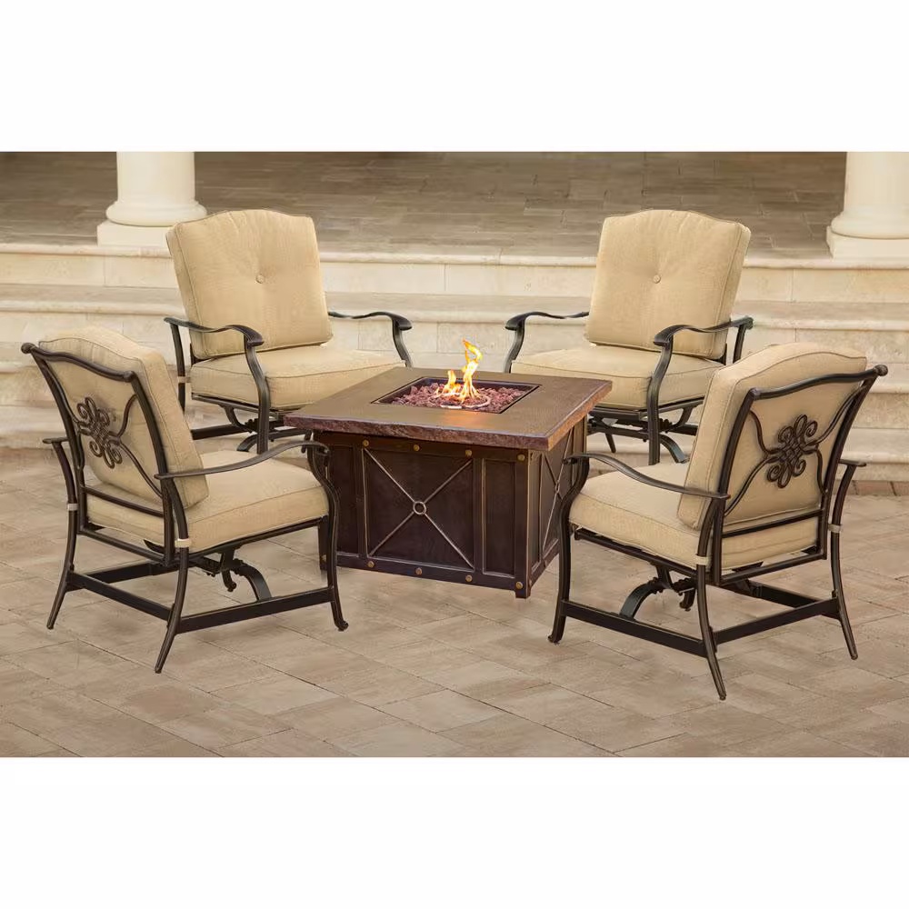 Summer Night 5-Piece Aluminum Patio Fire Pit Conversation Set with Natural Oat Cushions