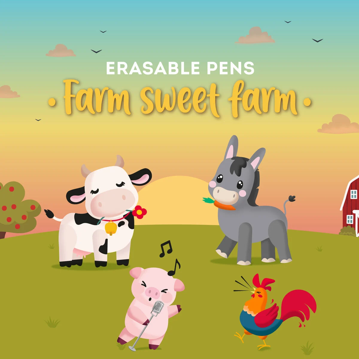 Set of 4 Erasable Gel Pens - Farm Sweet Farm