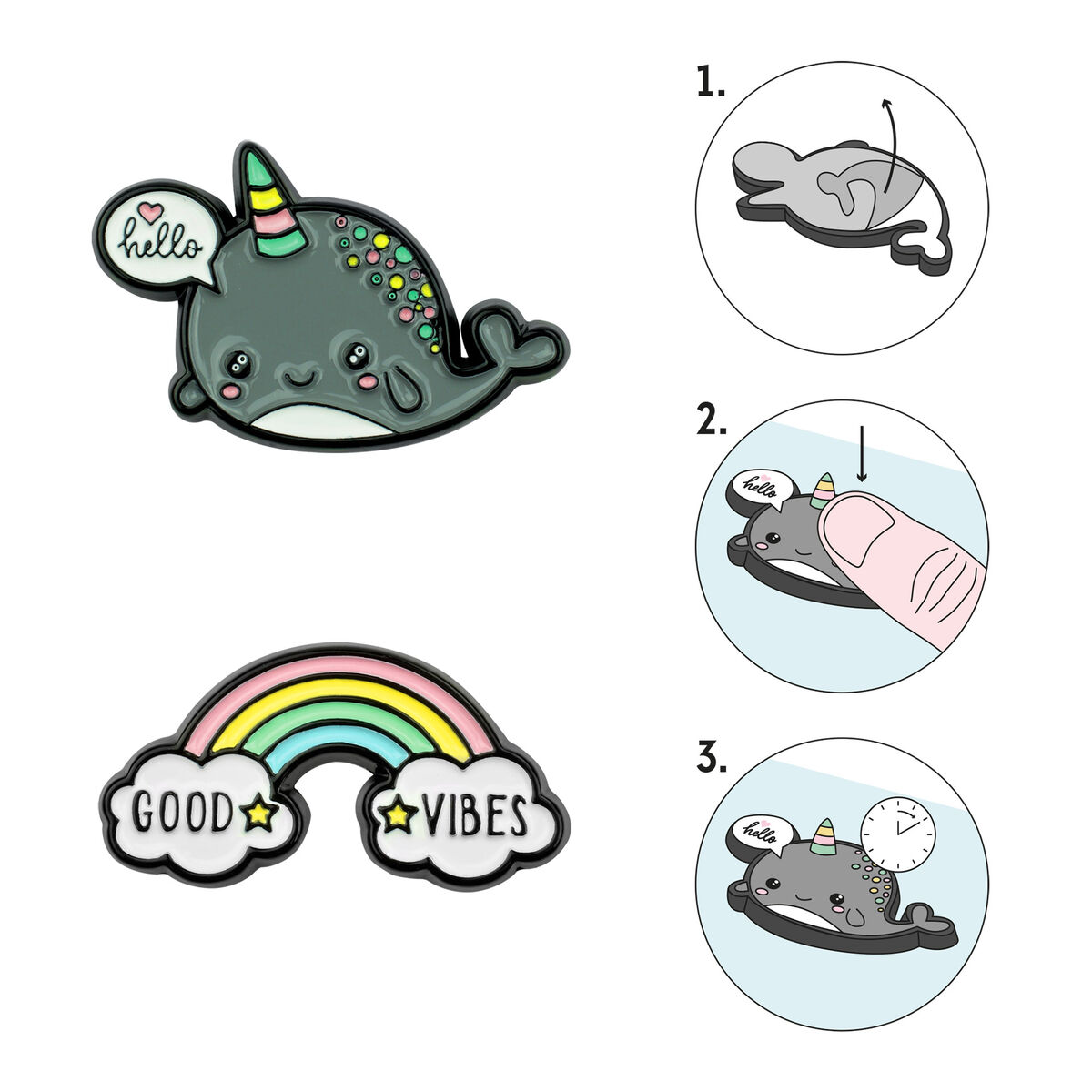 Set of 2 Narwhal + Rainbow Metal Stickers - Cutie