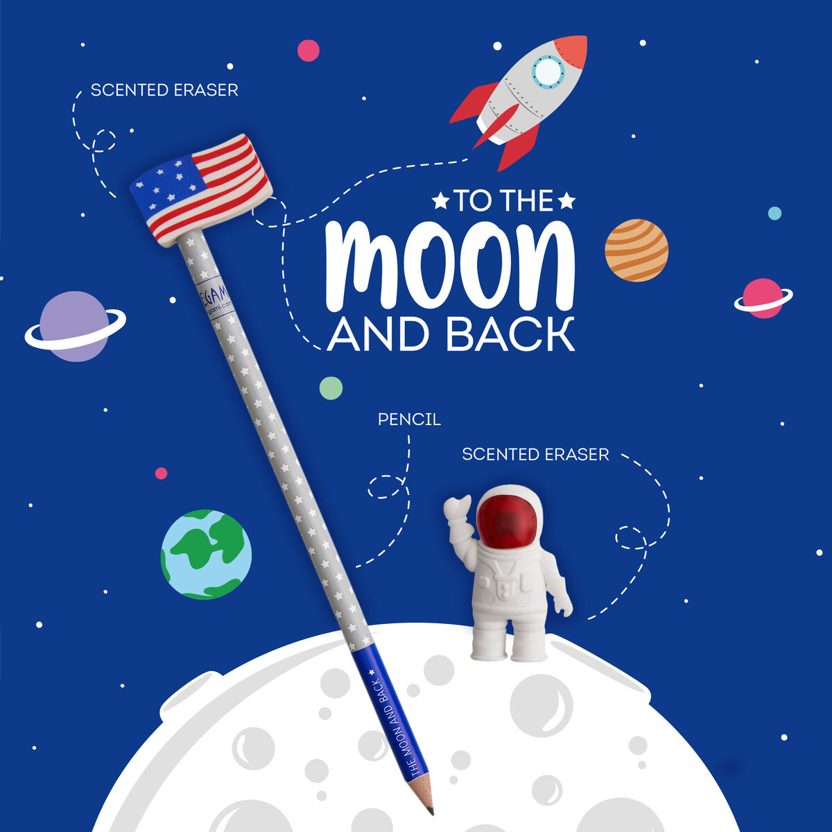 Set Of 2 Erasers And 1 Pencil - To The Moon And Back