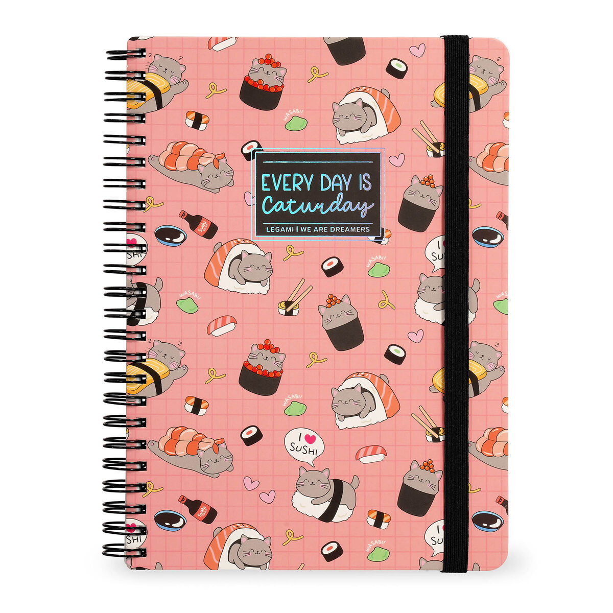 A4 Lined Notebook with Illustrated Hard Cover - Sushi Cat - Jotter - Spiral-Bound