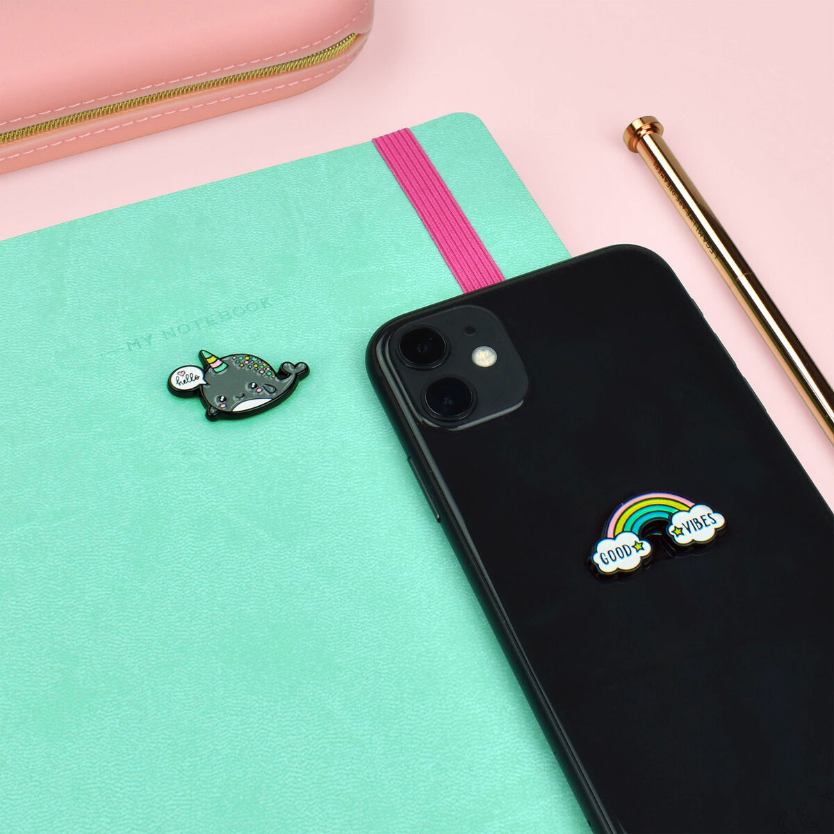 Set of 2 Narwhal + Rainbow Metal Stickers - Cutie