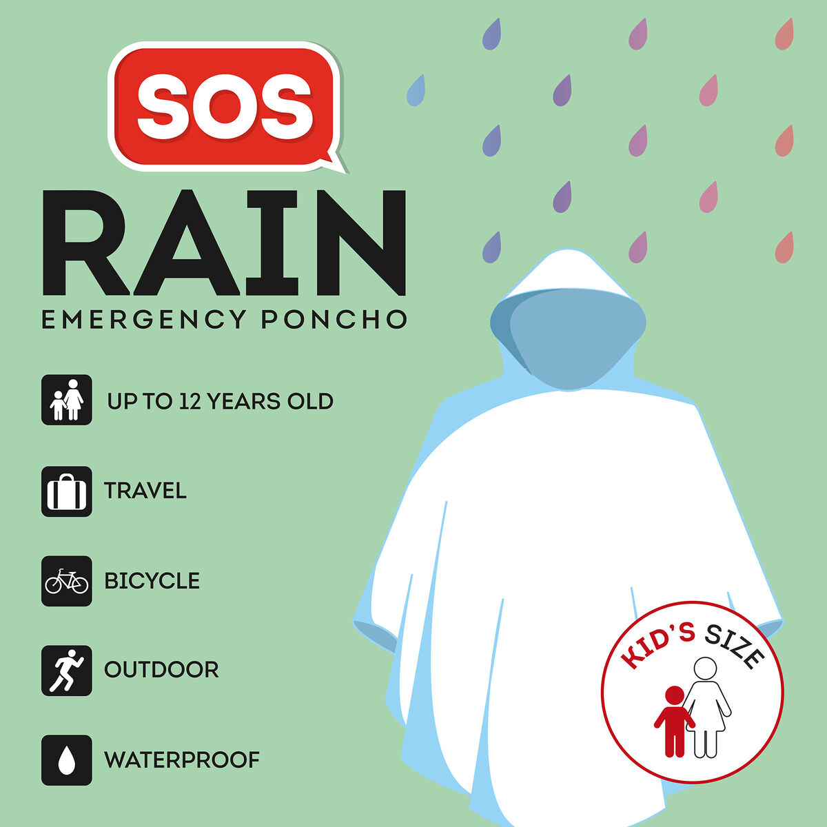 Children’s Waterproof Poncho - SOS Rain - Kid’s Size