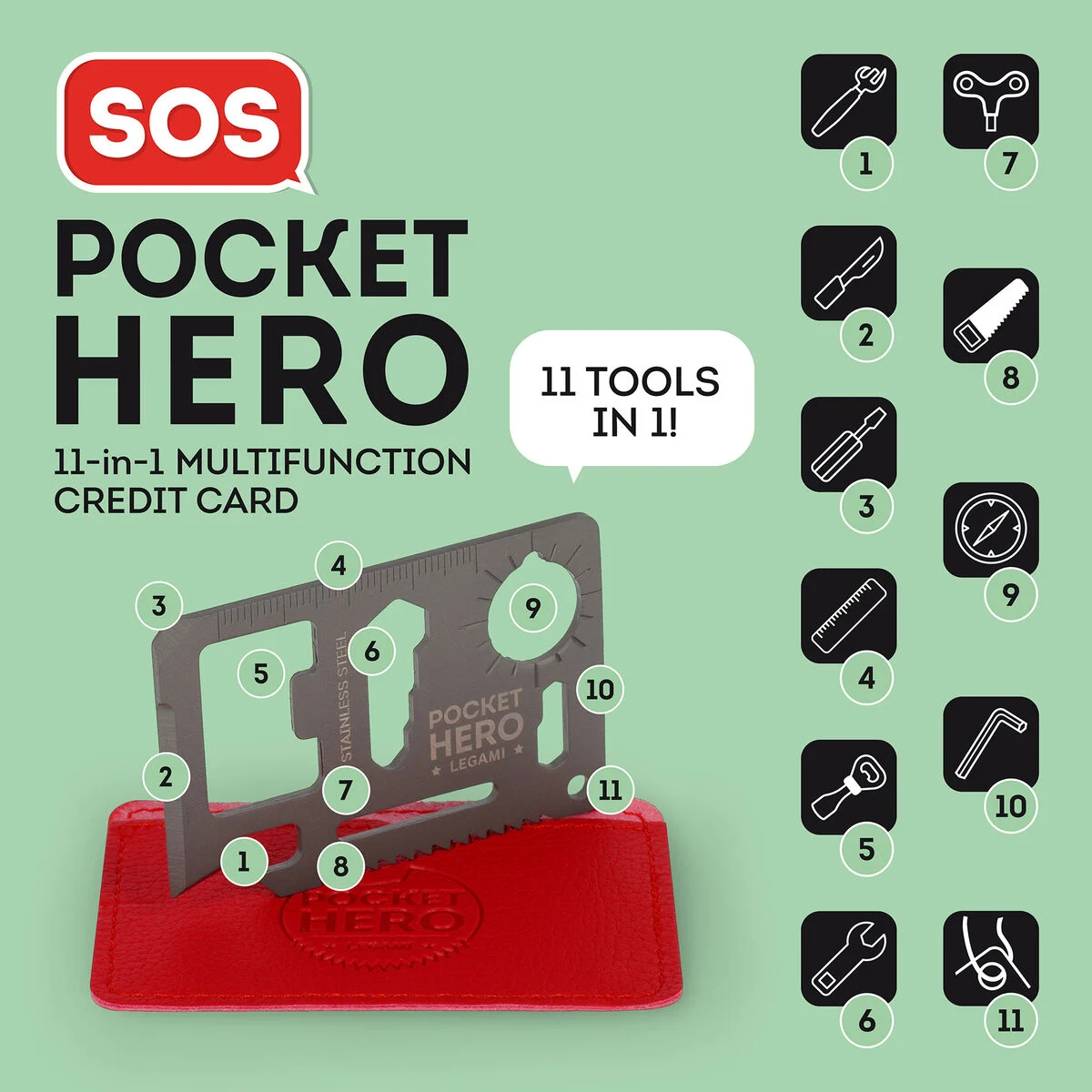 Stainless Steel 11-in-1 Credit Card Multi-Tool - SOS Pocket Hero