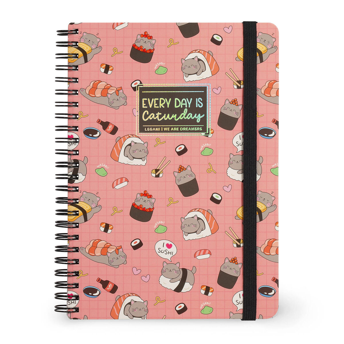 A5 Lined Notebook with Illustrated Hard Cover - Sushi Cat - Jotter - Spiral-Bound