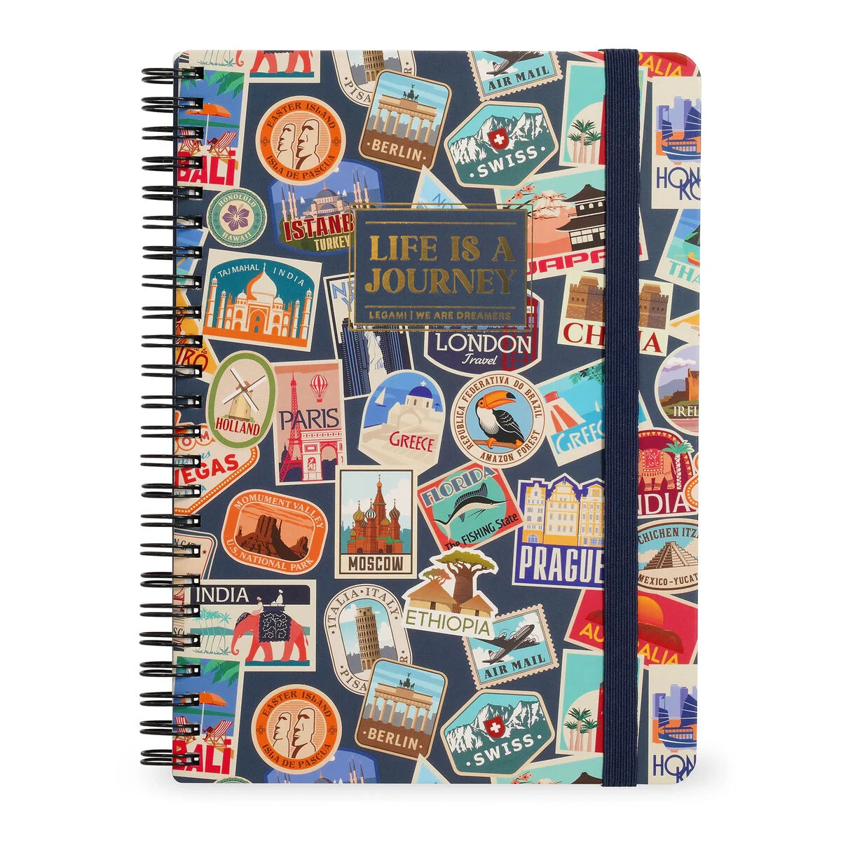 A4 Lined Notebook with Illustrated Hard Cover - Travel Stickers - Spiral-Bound