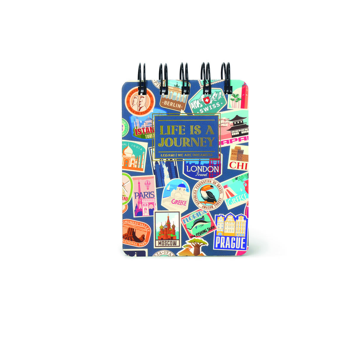 Lined Notebook with Illustrated Hard Cover - Travel Stickers - Jotter - Spiral-Bound