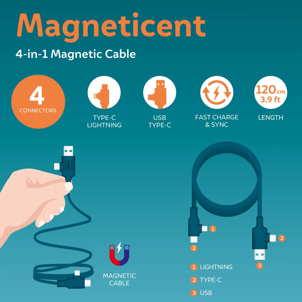 Magnetic 4-in-1 Charging and Synchronisation Cable - Magneticent