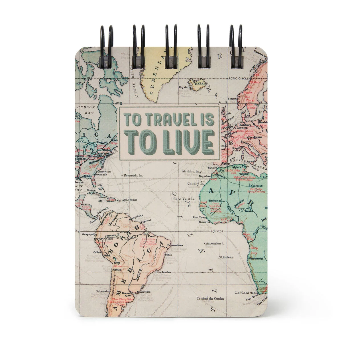 Lined Notebook with Illustrated Hard Cover - Travel Map - Jotter - Spiral-Bound