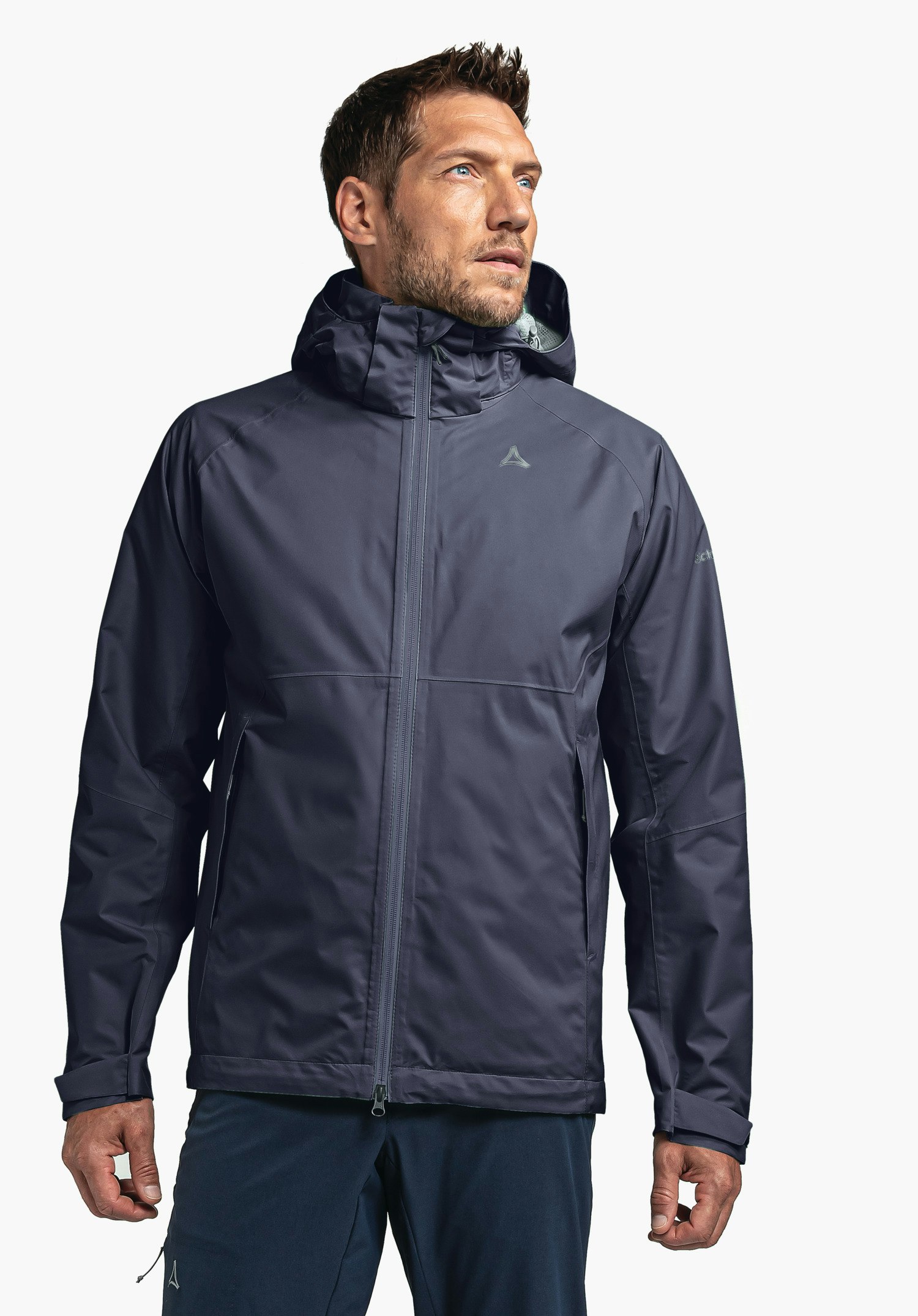 Stretchy rain jacket with pack-away bag
