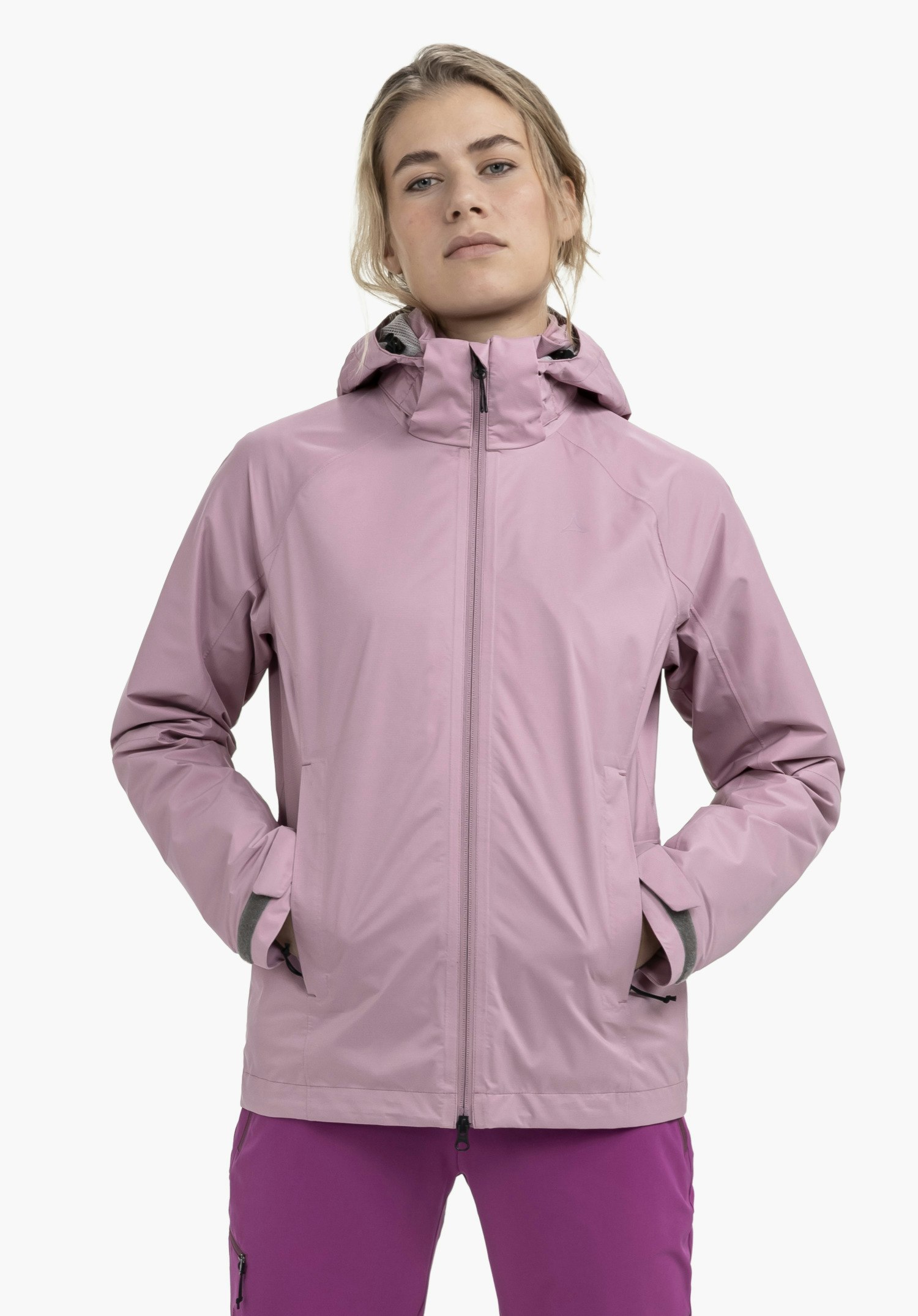 Comfortable rain jacket with pack-away pocket