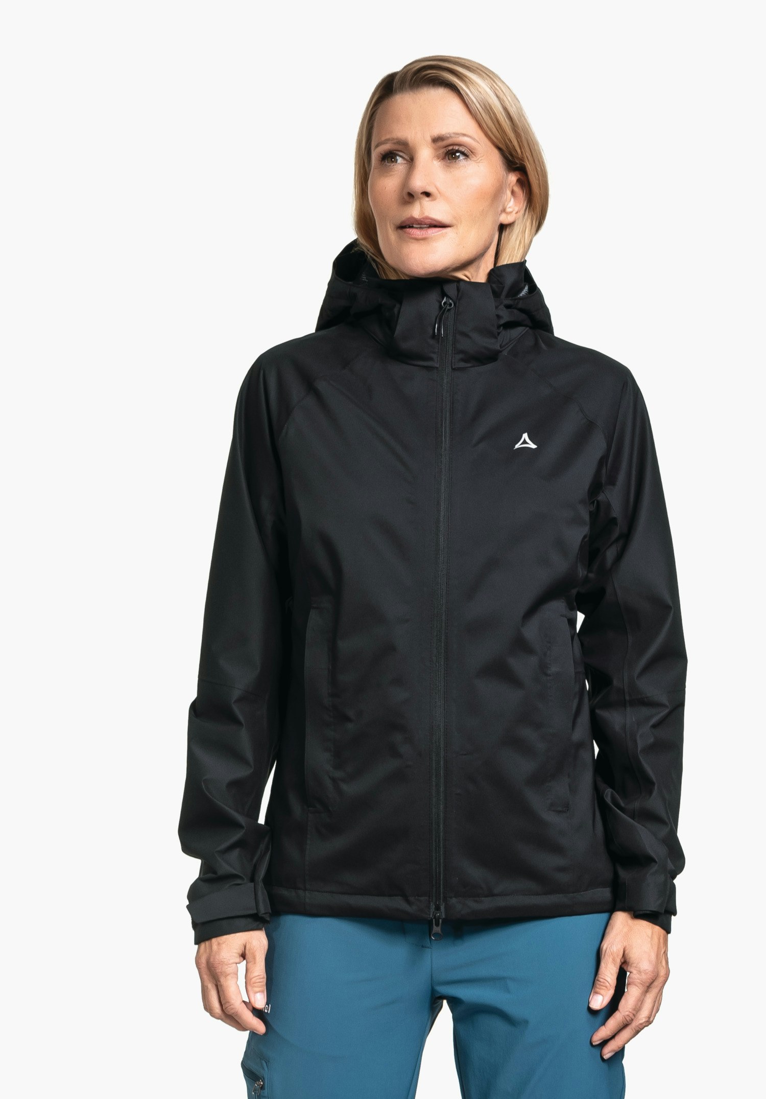 Comfortable rain jacket with pack-away pocket