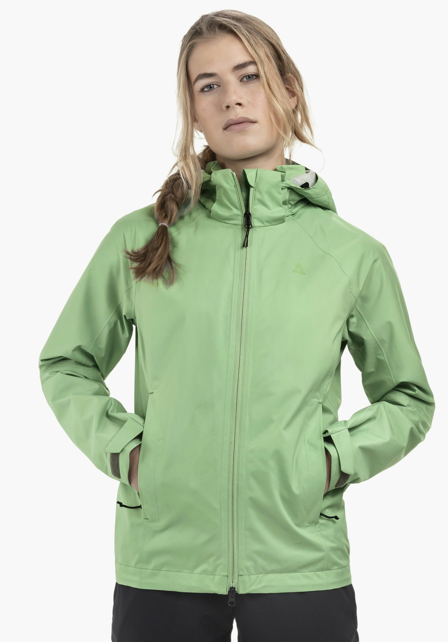 Comfortable rain jacket with pack-away pocket