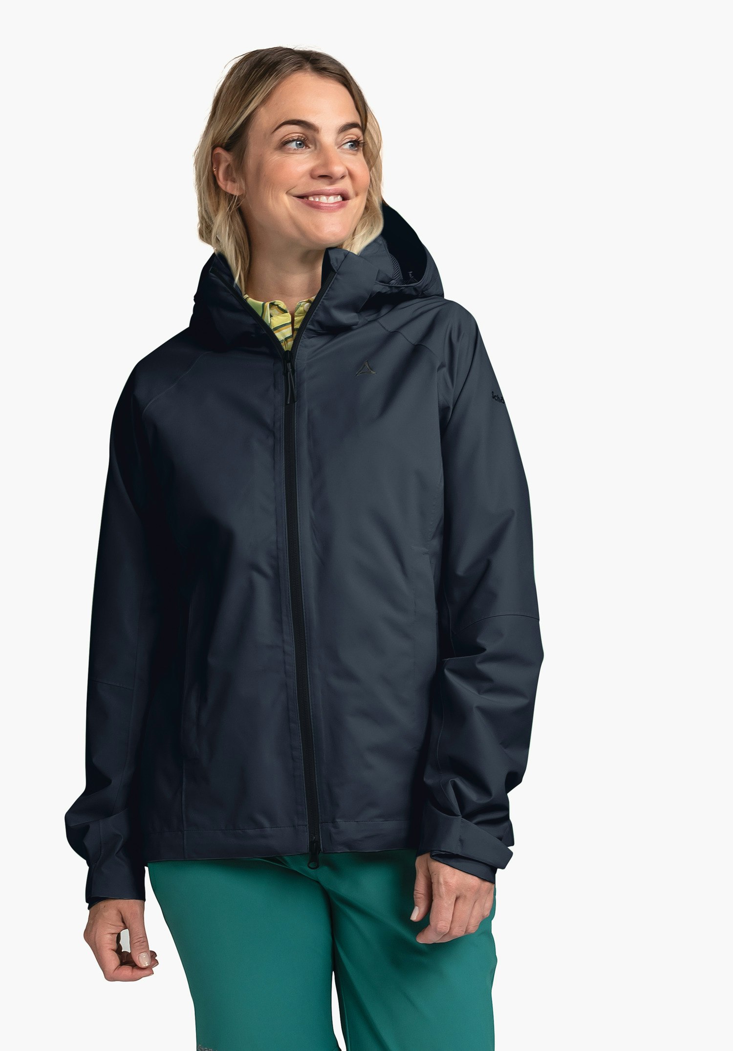 Comfortable rain jacket with pack-away pocket