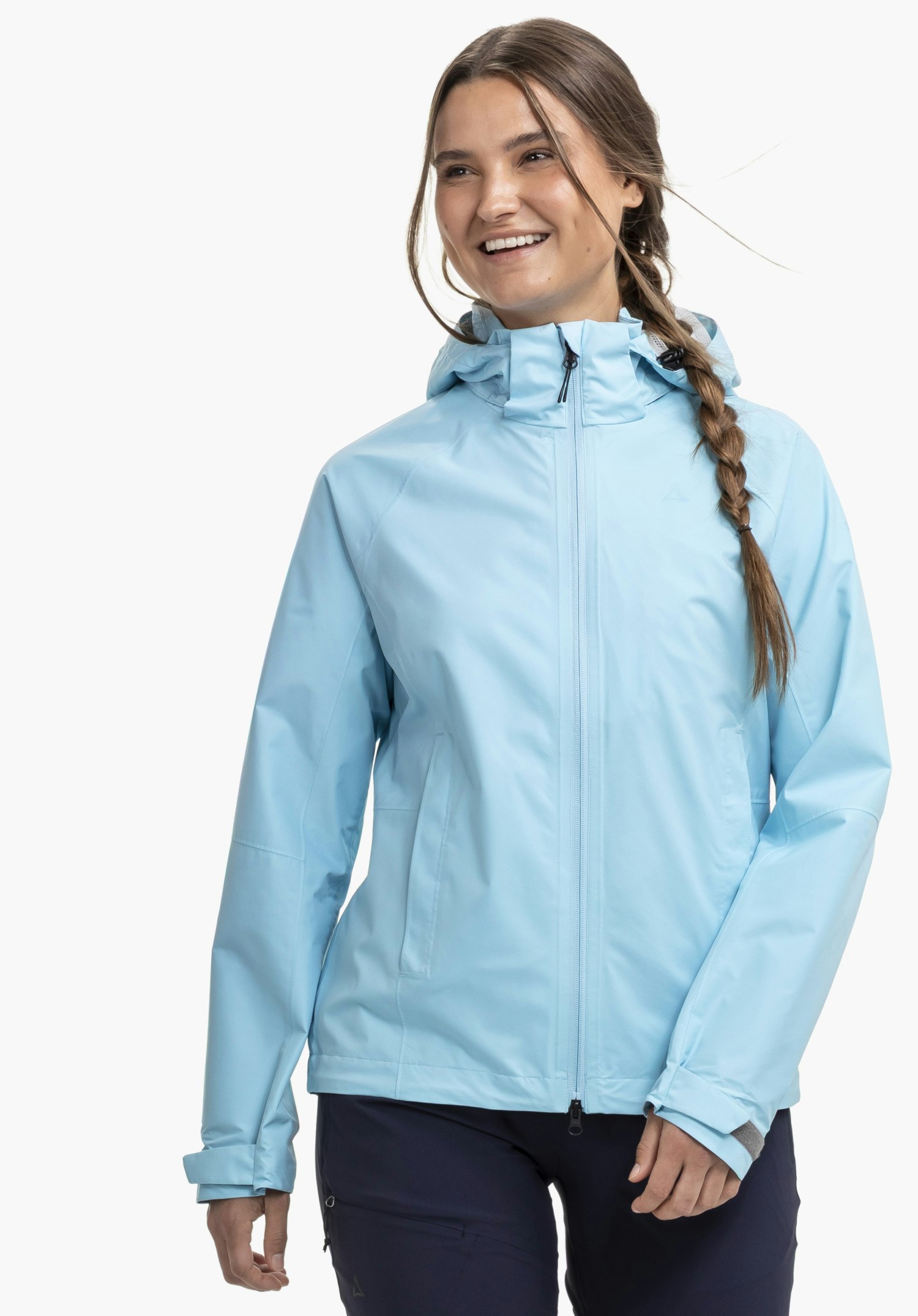 Comfortable rain jacket with pack-away pocket