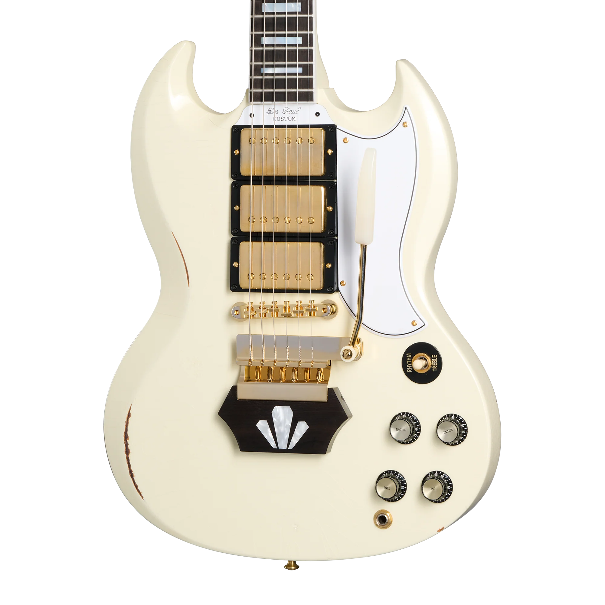 Gibson Custom 1962 Les Paul SG Custom Reissue with Ebony Block, Light Aged, Vintage White, Exclusive