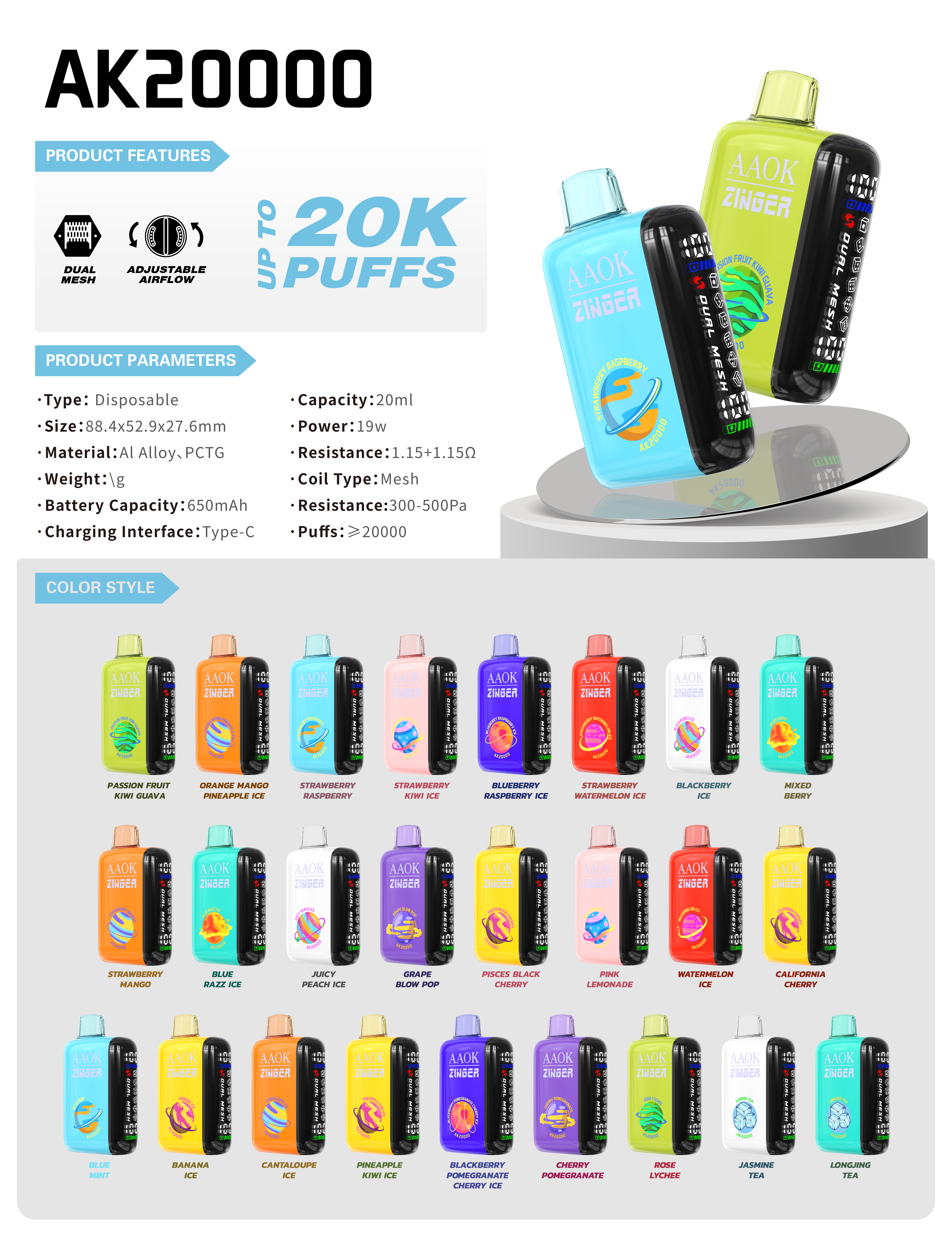 new AAOK 20000 Puffs Disposable Vape 21 Flavors