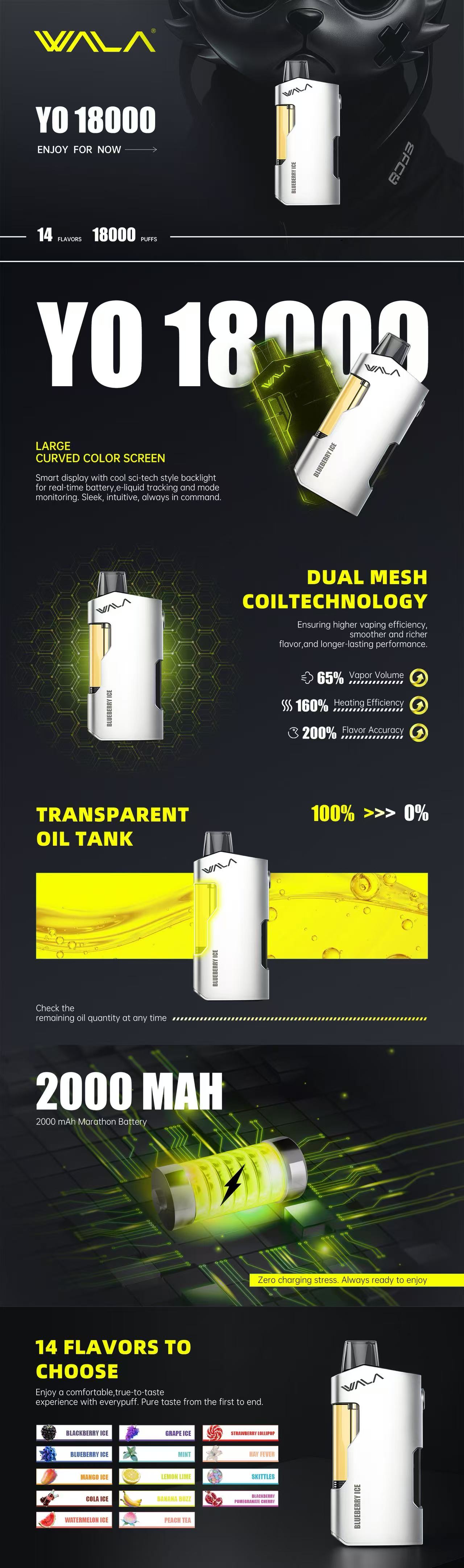 New WALA YO 18000 Puffs Disposable Vape 14 Flavors(Chance to Win $ or Device )