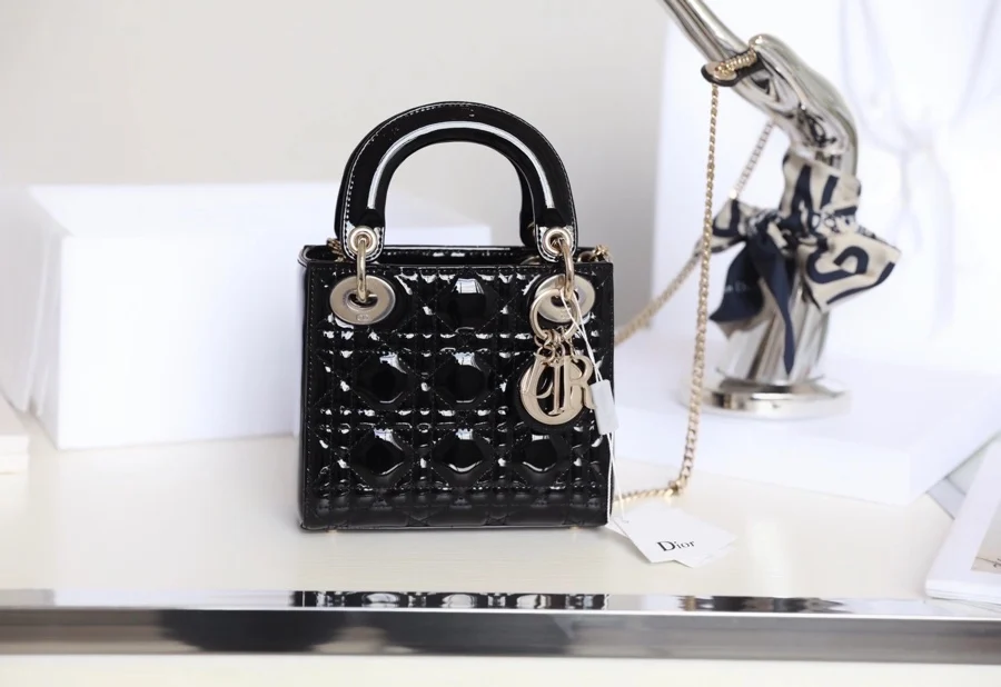 Large Lady Dior Bag Black Patent Cannage Calfskin