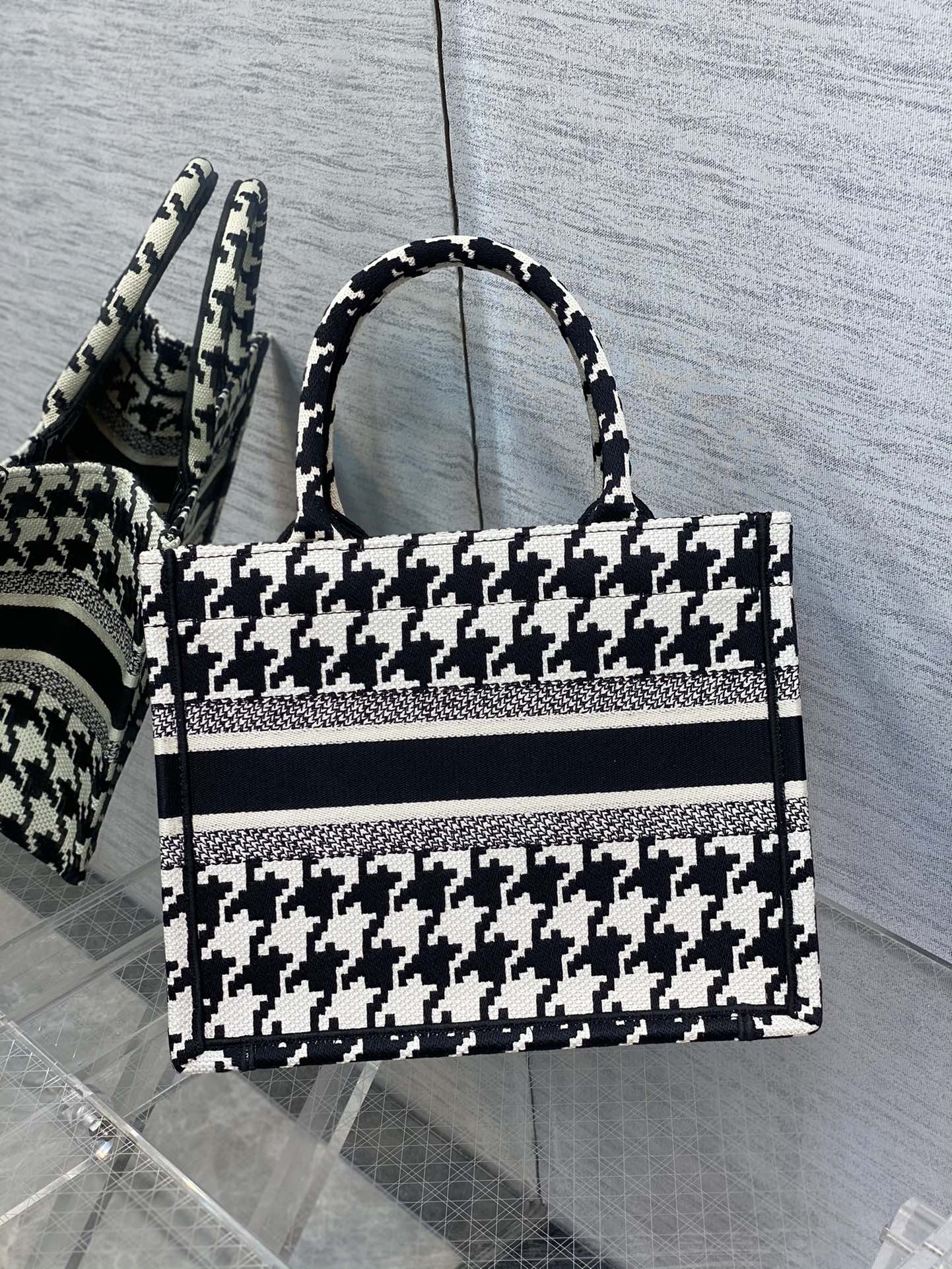 Brand New LARGE DIOR BOOK TOTE Black Macro Houndstooth Embroidery –