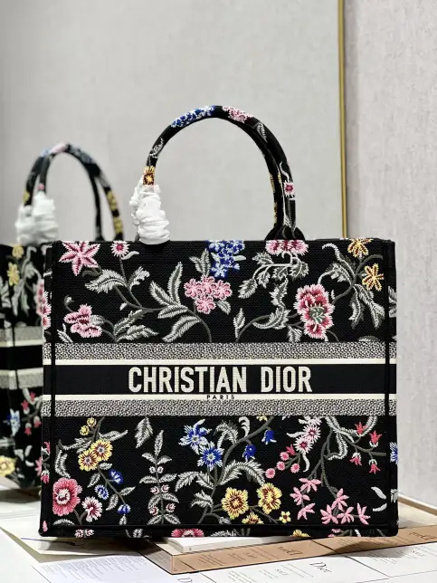 Christian Dior Book Tote Bag Floral Black Large