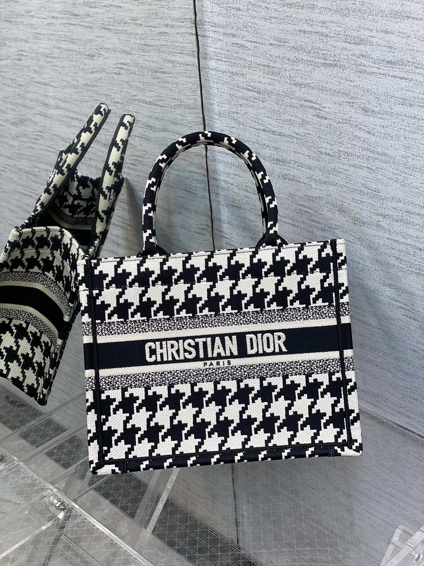 Medium Dior Book Tote Houndstooth Embroidery  Bag Religion