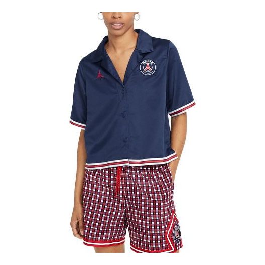 (WMNS) Air Jordan Paris Saint-Germain Logo Embroidered Soccer/Football Sports Loose Short Sleeve Shirt Navy Blue DC3820-410 - PersonalJerseys