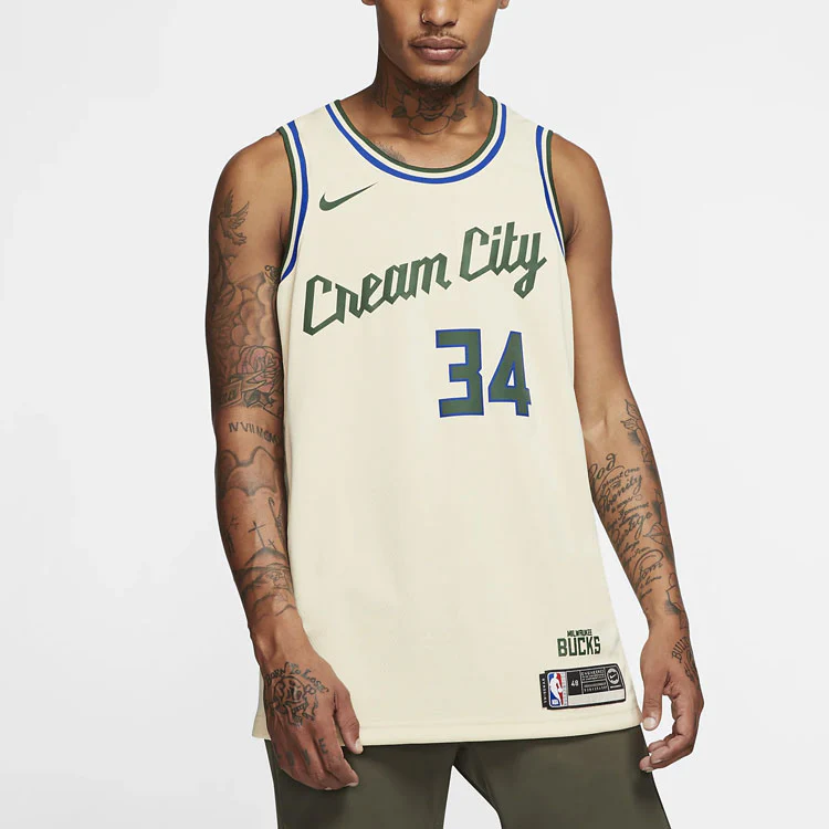 Nike Nba SW Fan Edition Milwaukee Bucks Alphabet 34 City Jersey Beige Creamy AV4652-280 - PersonalJerseys