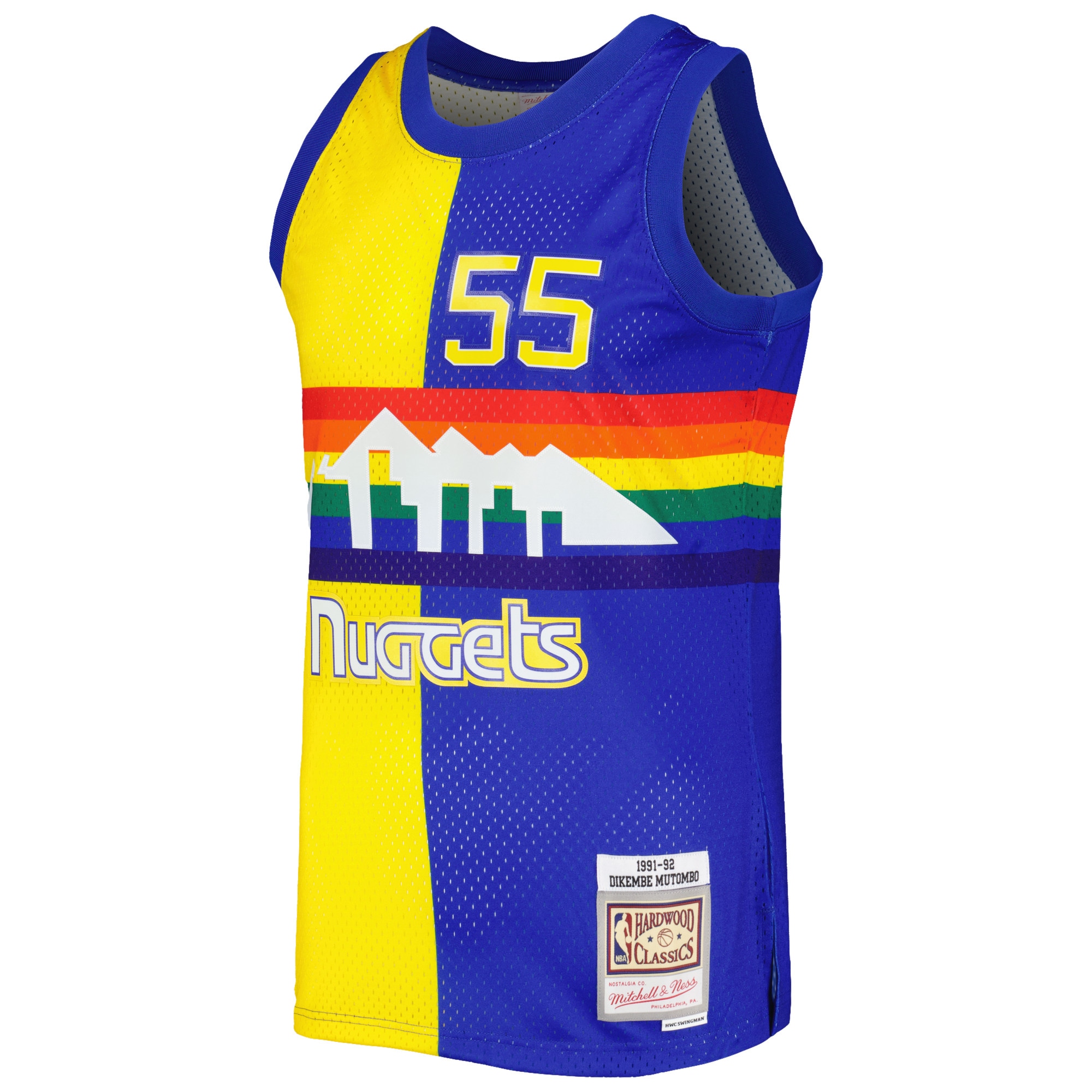 Dikembe Mutombo Denver Nuggets Mitchell &Ness Hardwood Classics 1991/92 Split Swingman Jersey - Royal/Gold - PersonalJerseys