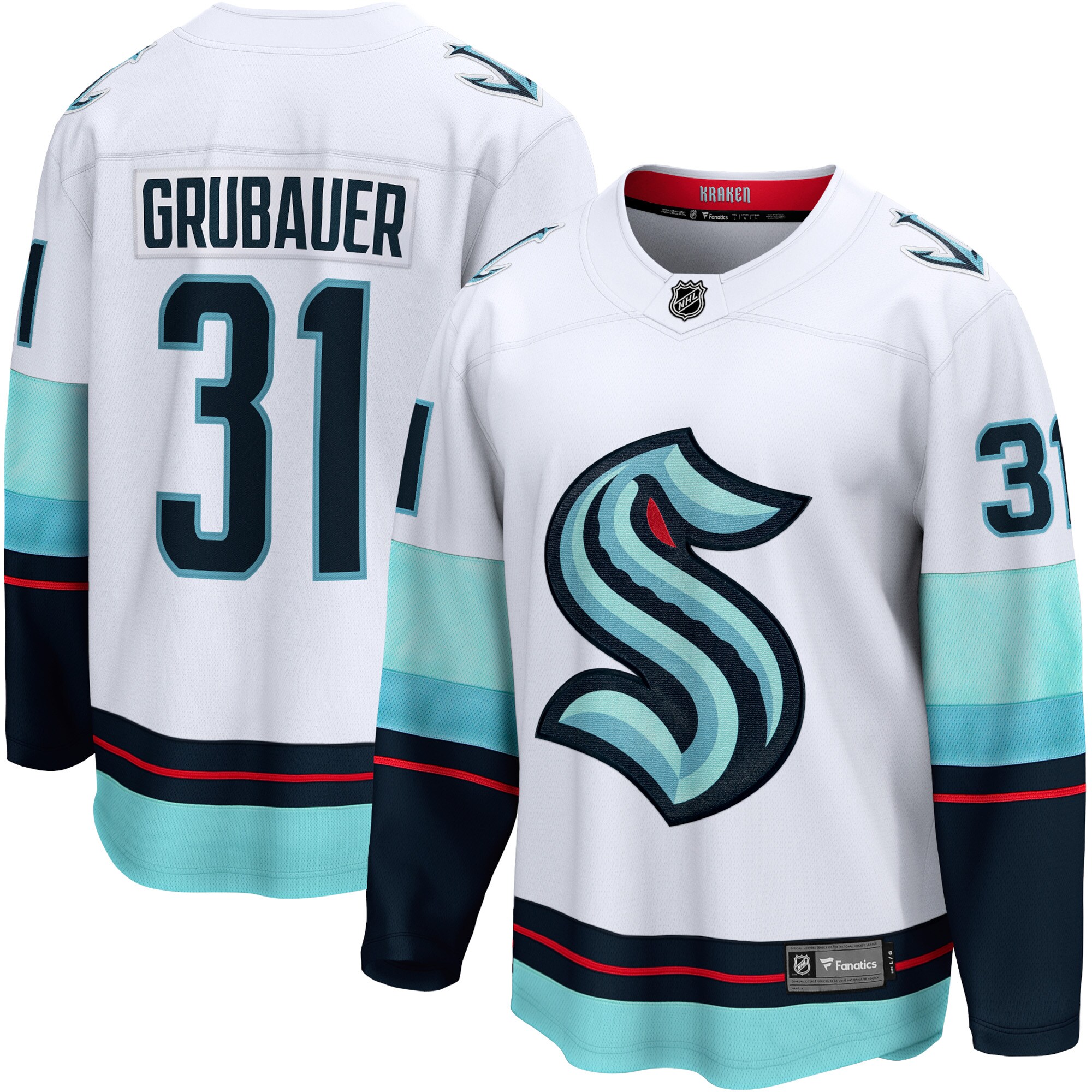 Philipp Grubauer Seattle Kraken Fanatics Branded Away Premier Breakaway Player Jersey - White - PersonalJerseys