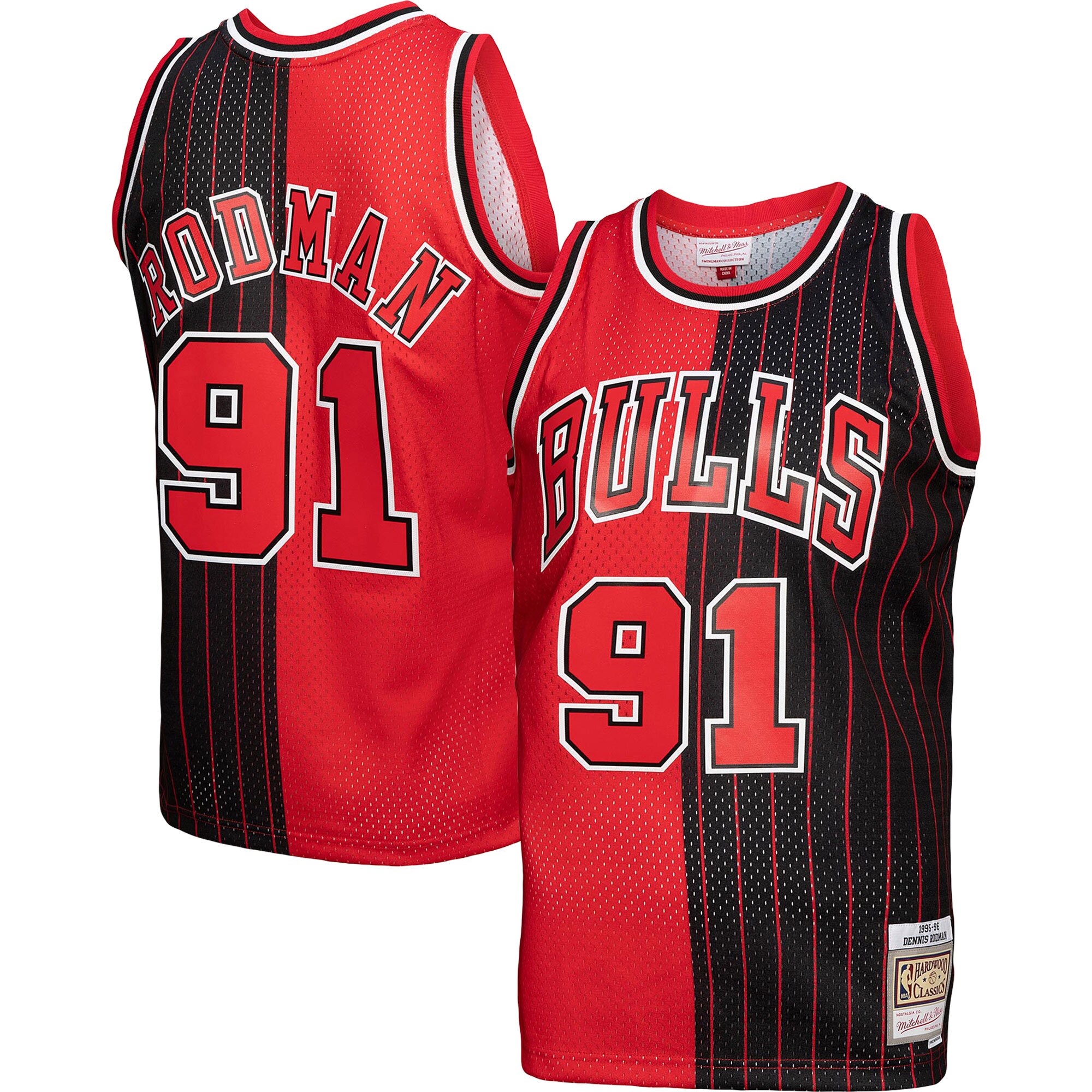 Dennis Rodman Chicago Bulls Mitchell &Ness Big &Tall Hardwood Classics 1995/96 Split Swingman Jersey - Red/Black - PersonalJerseys
