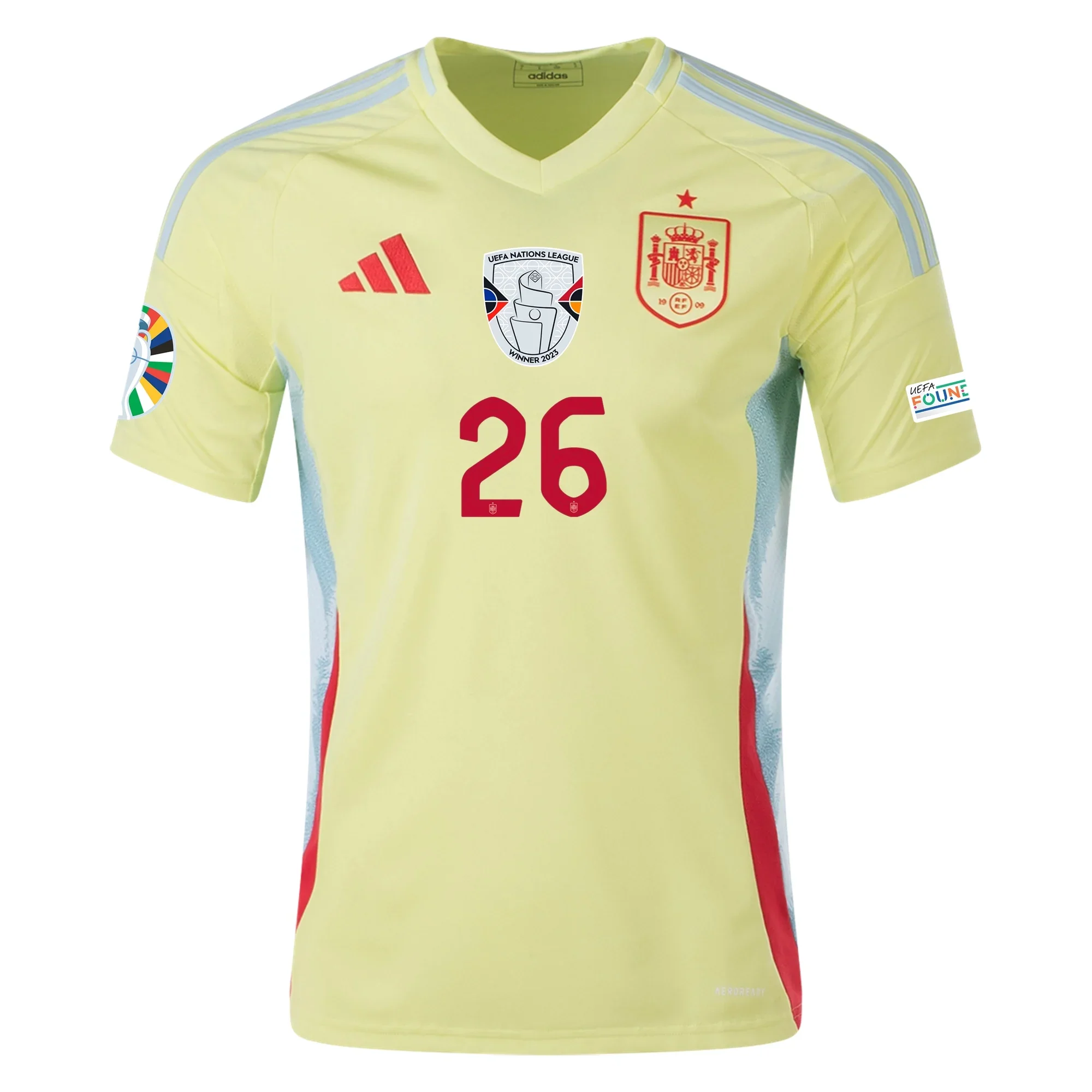 adidas Mens Spain Pedri Away Jersey w/ Nations League Champion + Euro 2024 Patches 24/25 (Pulse Yellow/Halo Mint) - PersonalJerseys